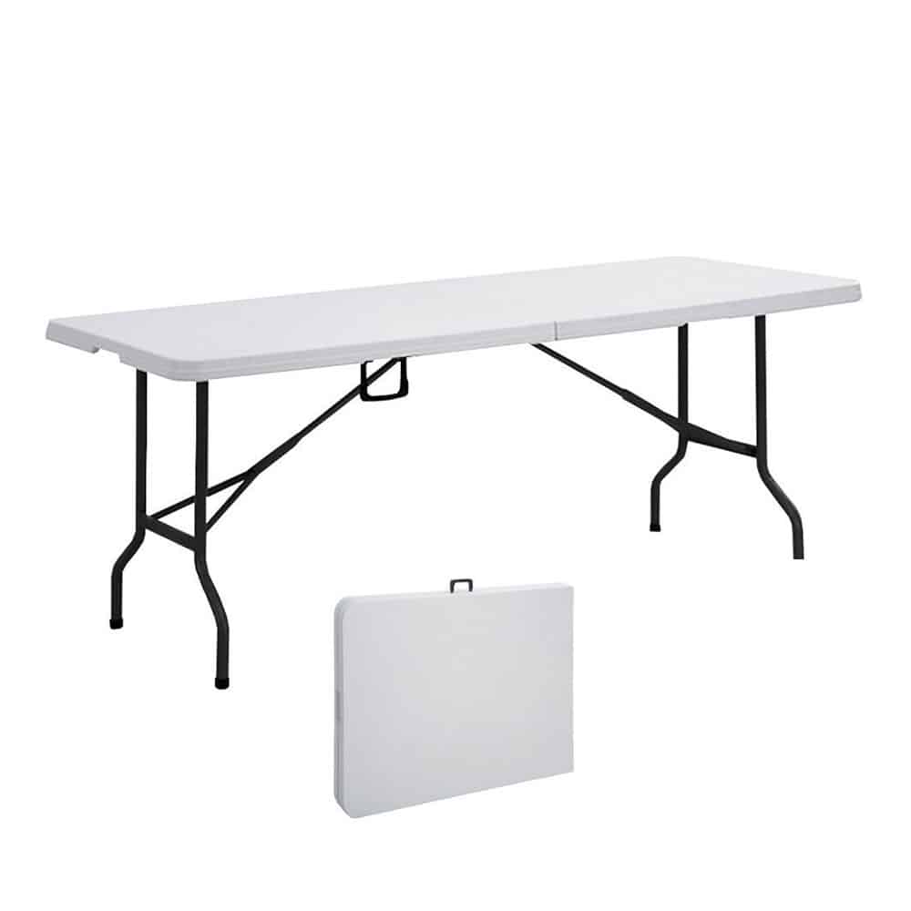 table rectangulaire blanche pliable de 183 par 76 centimètres. 74 centimètre de hauteur