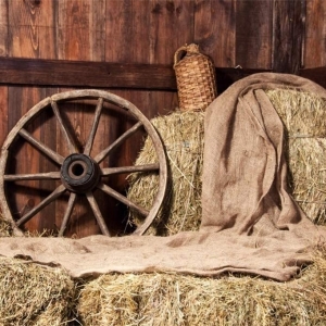 Toile de fond Ferme avec gros roue en bois et ballots de paille